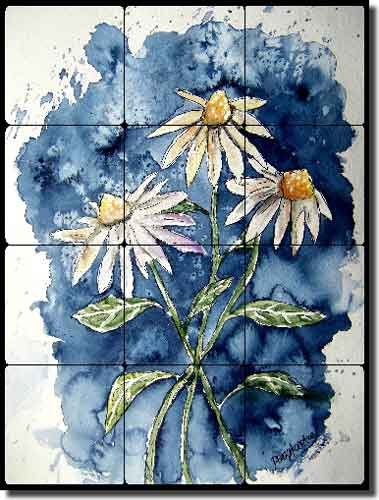 3 Daisies by Derek McCrea Tumbled Stone Tile Mural 12" x 16" - DMA031