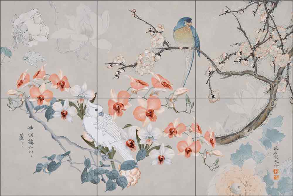 Chinoiserie with Birds by Andrea Haase Ceramic Tile Mural OB-HAA1387a