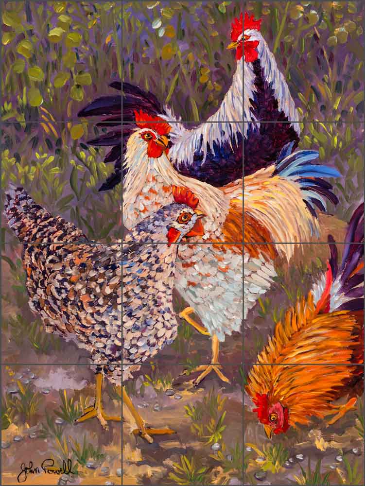 Rooster Rendezvous by John Powell Ceramic Tile Mural POV-JP013