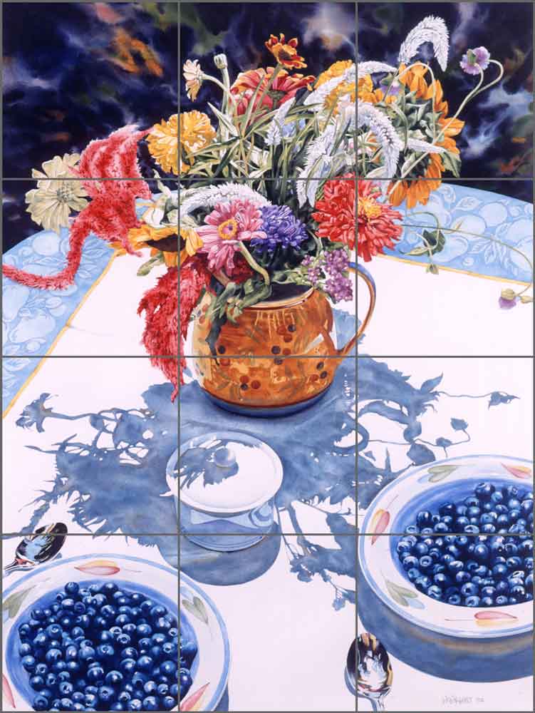 Paint Brushes, Dahlia and Blueberries by William C Wright Ceramic Tile Mural POV-WWA007