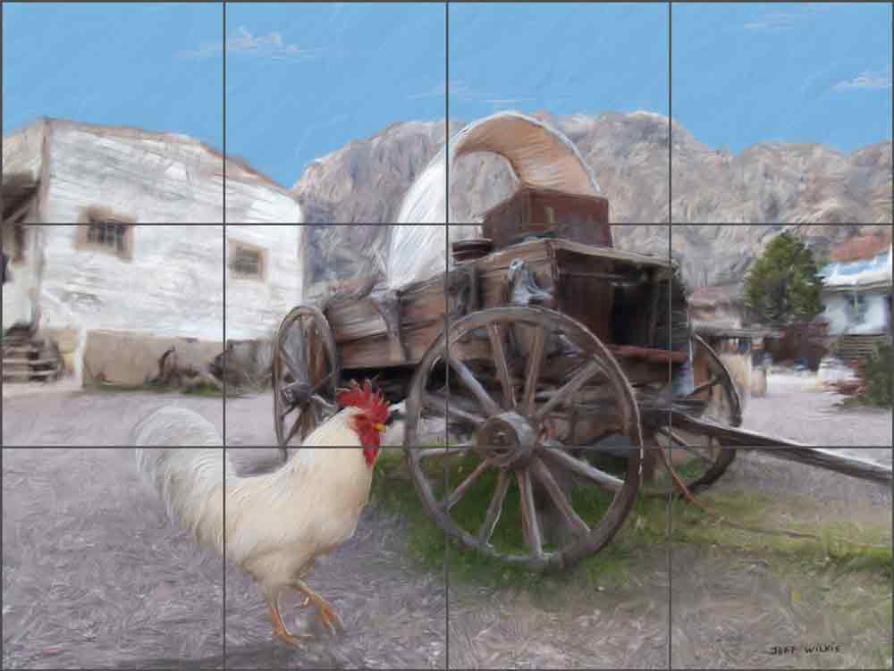 Rooster and Wagon by Jeff Wilkie Ceramic Tile Mural POV-JWA028