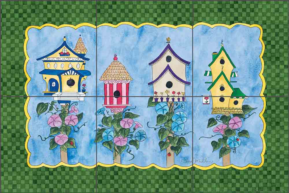 Spring Birdhouses by Sara Mullen Ceramic Tile Mural - SM055