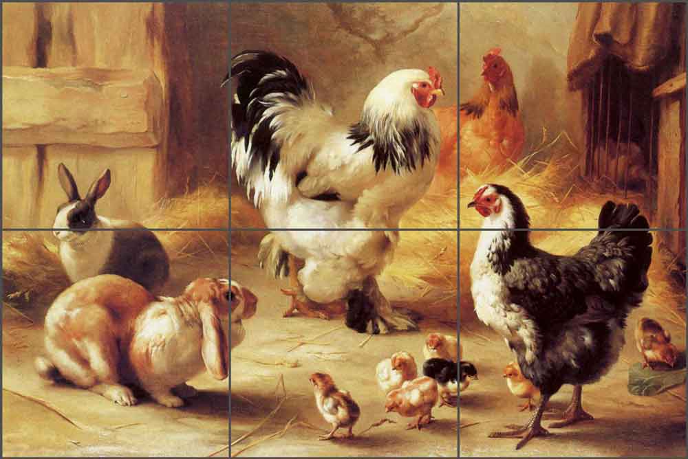 Rabbits and Chickens by Edgar Hunt Ceramic Tile Mural - EH038