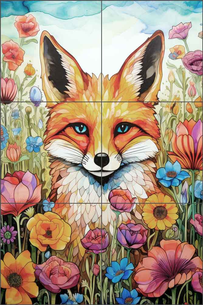 Garden Fox Frolicking 1 by Ray Powers Ceramic Tile Mural OB-RPA1117