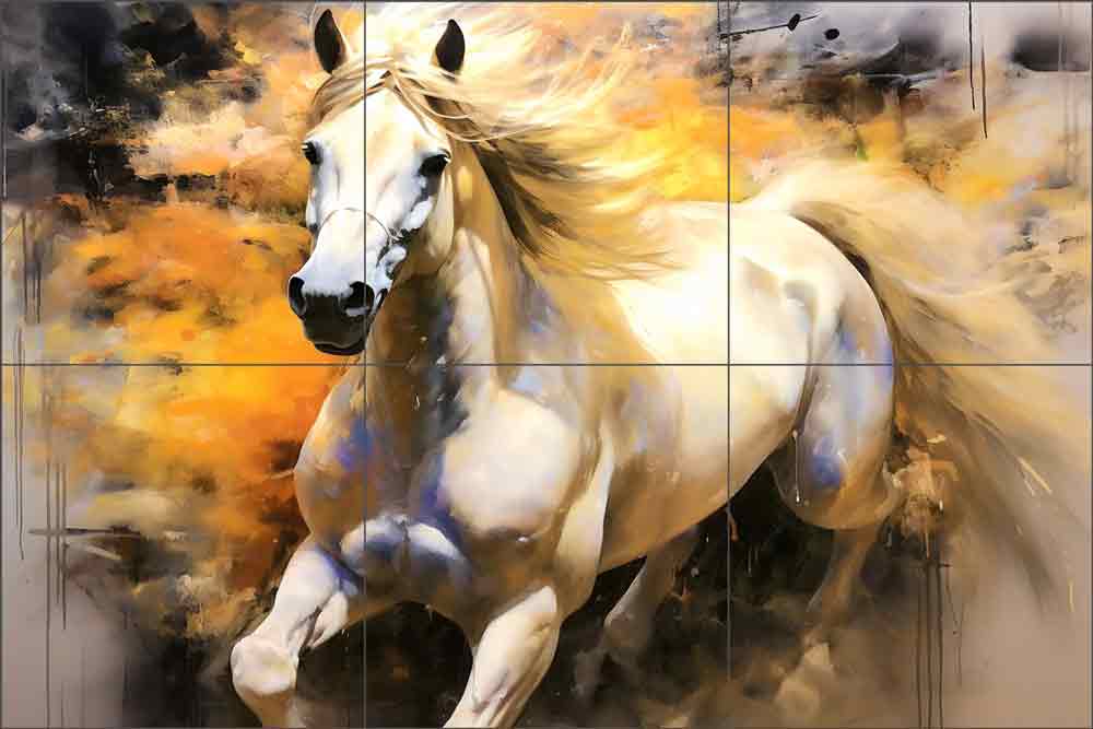 White Horse Running 2 by Ray Powers Ceramic Tile Mural OB-RPA194