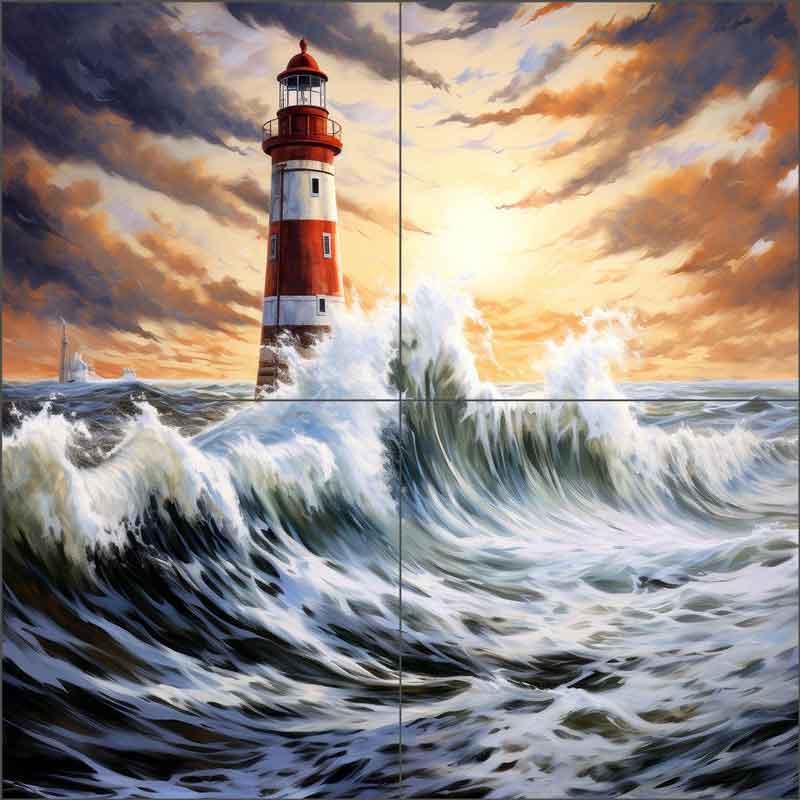 Offshore Tower Lighthouse by Ray Powers Ceramic Tile Mural OB-RPA591a
