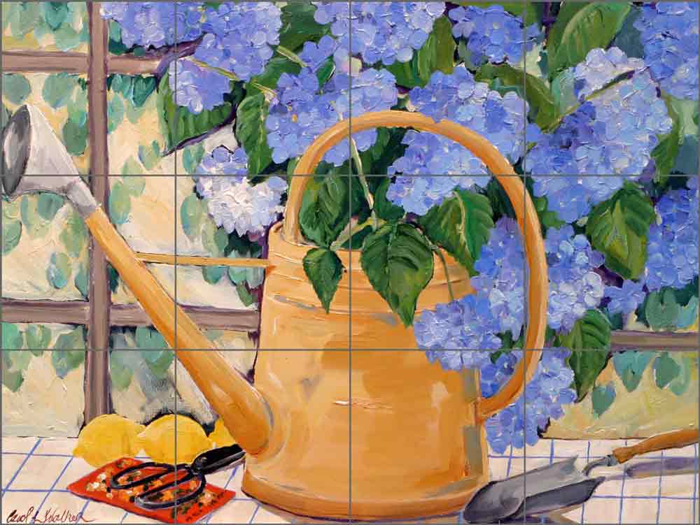 Watering Can with Hydrangeas by Carol Walker Ceramic Tile Mural POV-CWA012