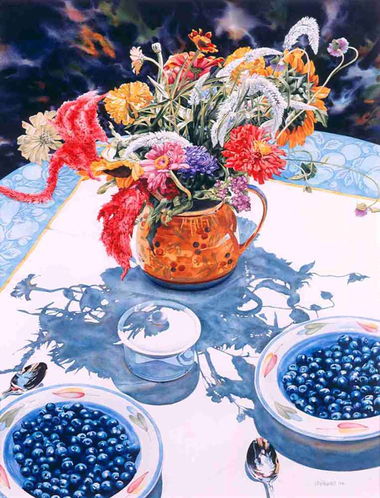 Paint Brushes, Dahlia and Blueberries by William C Wright Ceramic Accent & Decor Tile POV-WWA007AT