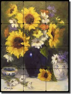 Jaedicke Sunflower Floral Tumbled Marble Tile Mural 12" x 16" - BJA005