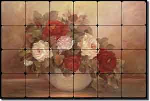 Cook Rose Floral Tumbled Marble Tile Mural 24" x 16" - CC001
