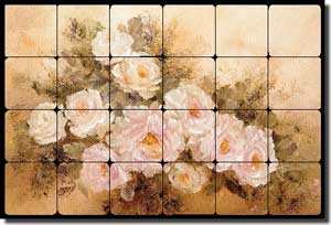 Cook Roses Floral Tumbled Marble Tile Mural 24" x 16" - CC002