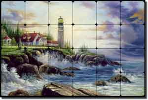 Ching Lighthouse Seascape Tumbled Marble Tile Mural 24" x 16" - CHC066
