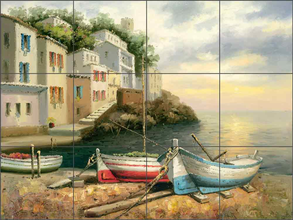 Village Boats by C. H. Ching Ceramic Tile Mural CHC081
