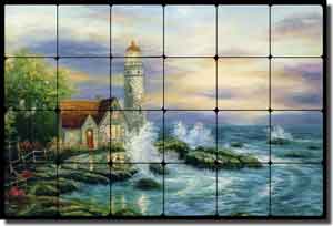 Ching Lighthouse Seascape Tumbled Marble Tile Mural 24" x 16" - CHC085