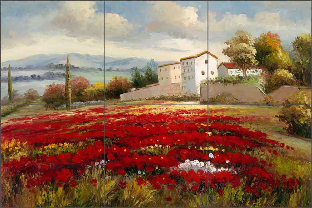 Red Poppy Field by C H Ching Ceramic Tile Mural CHC097