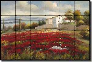 Ching Poppy Floral Landscape Tumbled Marble Tile Mural 24" x 16" - CHC097