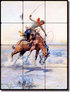 Russell Western Cowboy Tumbled Marble Tile Mural 12" x 16" - CMR001
