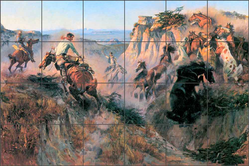 Wild Horse Hunters by Charles M. Russell Ceramic Tile Mural - CMR016