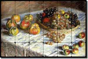 Still Life of Apples and Grapes by Claude Oscar Monet Tumbled Marble Mural 24" x 16" - COM002
