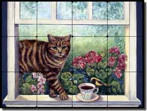 Paterson Coffee Cat Tumbled Marble Tile Mural 16" x 12" - CPA006