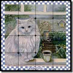 Paterson Coffee Cat Tumbled Marble Tile Mural 16" x 16" - CPA008