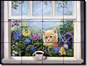 Paterson Coffee Cat Kittens Tumbled Marble Tile Mural 16" x 12" - CPA010