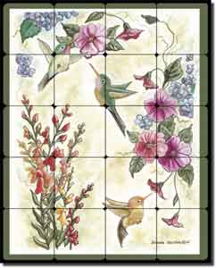 Hummingbirds by Donna Jensen - Birds Floral Tumbled Marble Mural 16" x 20"