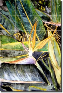 Bird of Paradise by Derek McCrea - Floral Flowers Tumbled Marble Tile Mural 24" x 16" Kitchen Shower