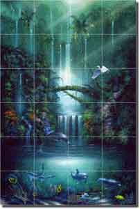 Miller Tropical Waterfall Art Glass Tile Mural 24" x 36" - DMA2005