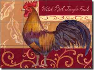 Kasun Red Jungle Fowl Rooster Glass Tile Mural 24" x 18" - EC-TK004