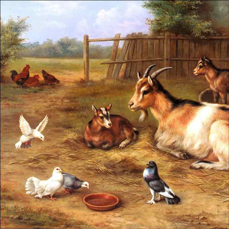 A Farmyard Scene with Goats, Chickens and Doves by Edgar Hunt Accent & Decor Tile EH001AT