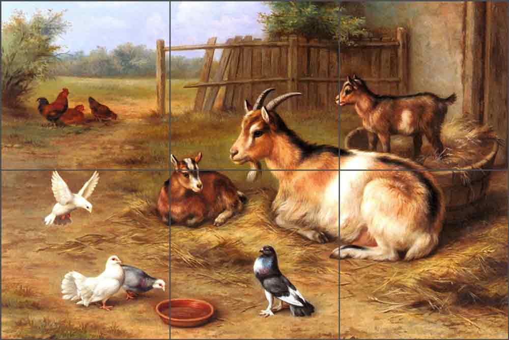 A Farmyard Scene with Goats, Chickens and Doves by Edgar Hunt Ceramic Tile Mural EH001