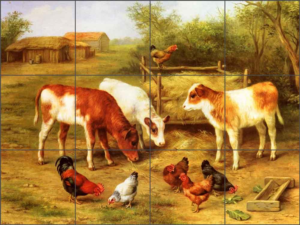 Calves and Chickens Feeding in a Farmyard by Edgar Hunt Ceramic Tile Mural - EH002