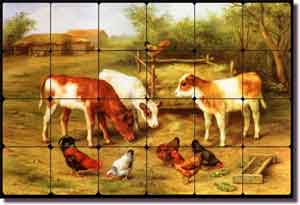 Hunt Country Farm Calves Chickens Tumbled Marble Tile Mural 24" x 16"