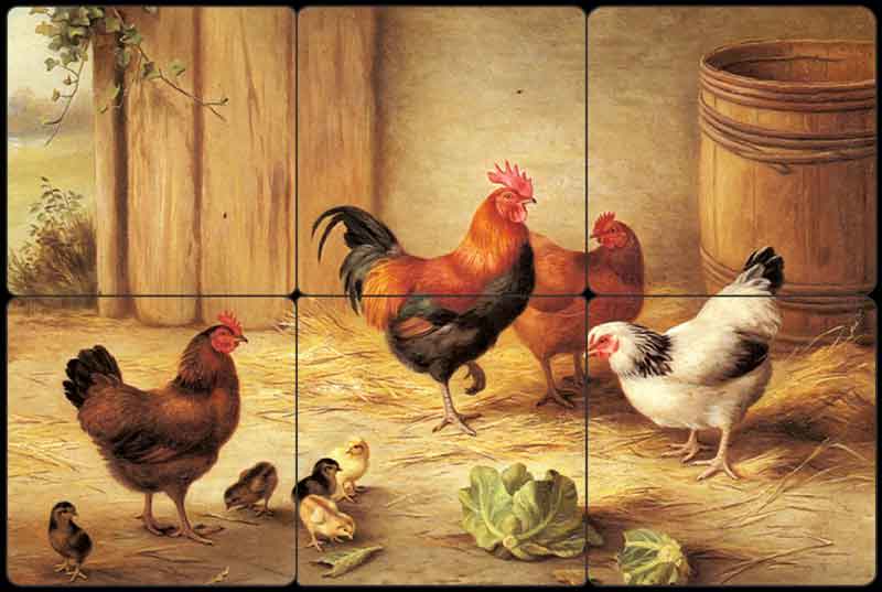 Hunt Rooster Chickens Chicks Tumbled Marble Tile Mural EH003