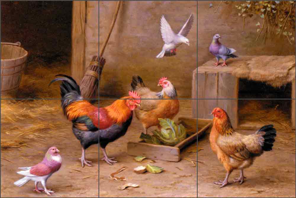 Chickens in a Farmyard by Edgar Hunt Ceramic Tile Mural EH004