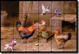 Hunt Roosters Tumbled Marble Tile Mural 24" x 16" - EH004