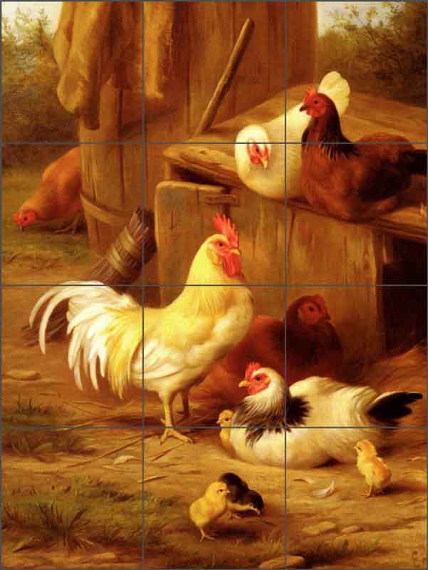 Chickens and Chicks by Edgar Hunt Ceramic Tile Mural - EH010