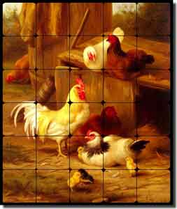 Hunt Chickens Rooster Tumbled Marble Tile Mural 20" x 24" - EH010