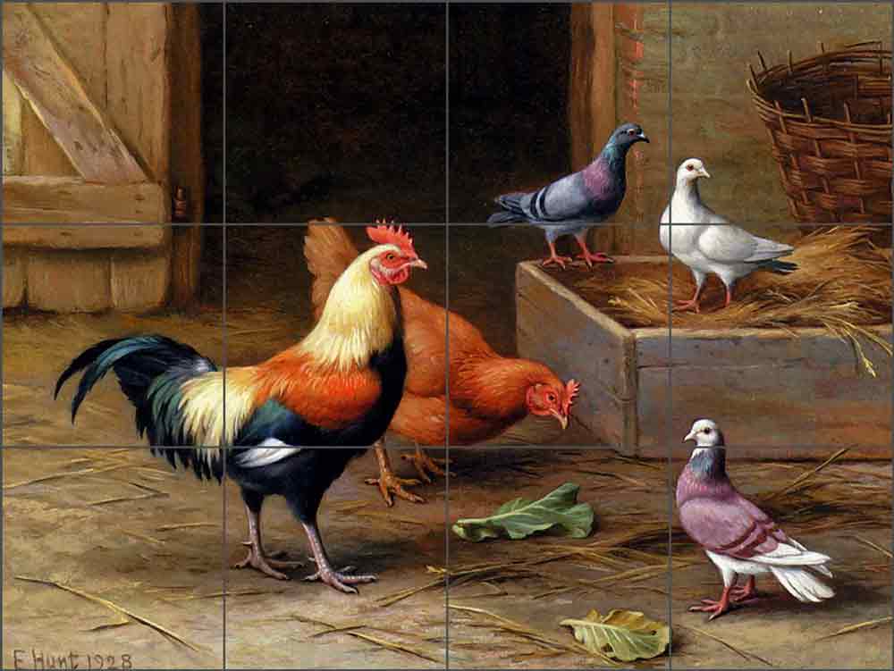 Chickens, Pigeons and a Dove by Edgar Hunt Ceramic Tile Mural EH017
