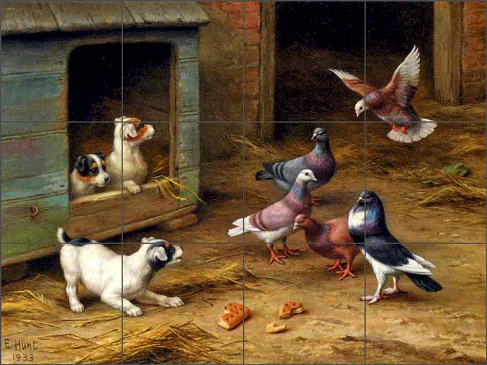 Puppies and Pigeons Playing by a Kennel by Edgar Hunt Ceramic Tile Mural EH018