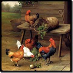 Hunt Rooster Tumbled Marble Tile Mural 12" x 12" - 6" - EH020-3