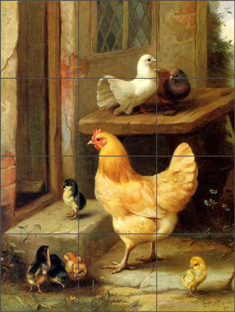 A Hen, Chicks and Pigeons by Edgar Hunt Ceramic Tile Mural EH021
