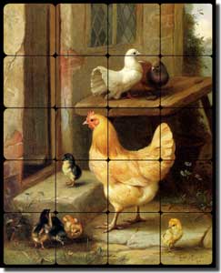Hunt Hen Chicken Chicks Tumbled Marble Tile Mural 16" x 20" - EH021