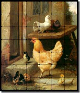 Hunt Hen Chicken Chicks Tumbled Marble Tile Mural 24" x 28" - EH021