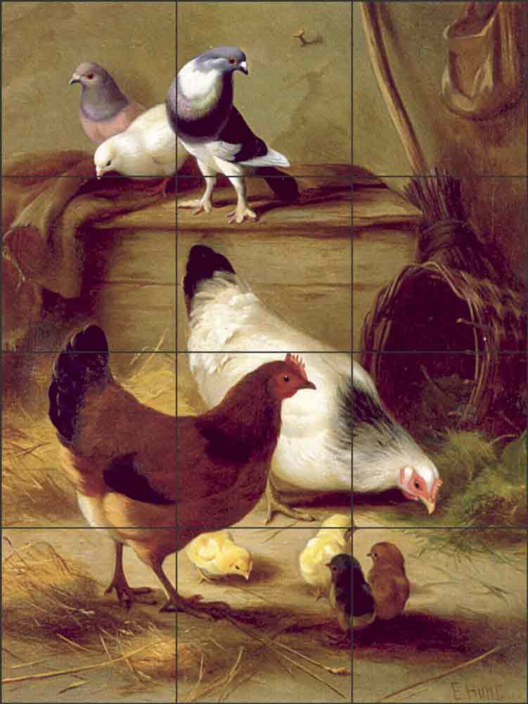 Pigeons and Chickens by Edgar Hunt Ceramic Tile Mural - EH025CS