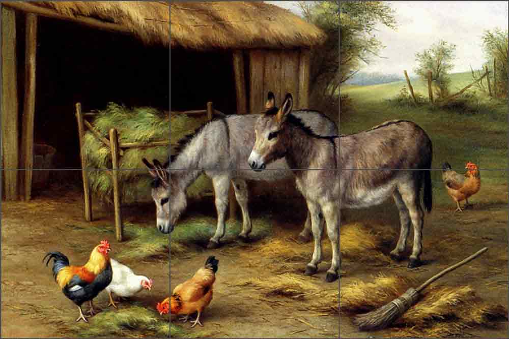 Donkeys and Poultry by Edgar Hunt Ceramic Tile Mural EH029