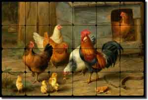 Hunt Rooster Chickens Cockerel Tumbled Marble Tile Mural 24" x 16" - EH030