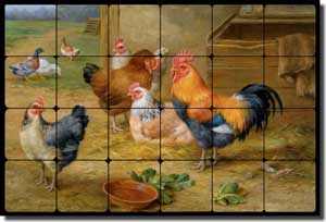 Hunt Rooster Chickens Tumbled Marble Tile Mural 24" x 16" - EH032