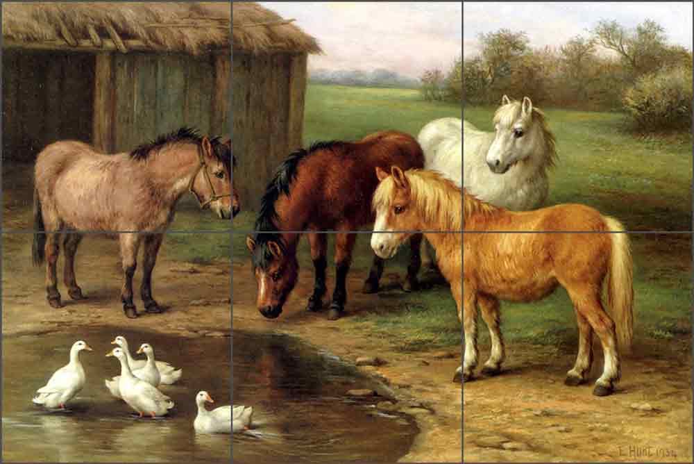 Ponies by a Pond by Edgar Hunt Ceramic Tile Mural EH016
